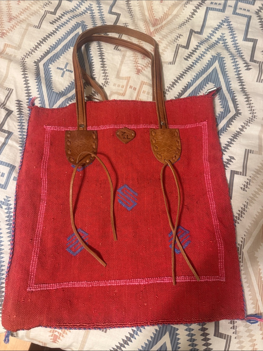 Handcrafted Red Tote Bag with Brown Leather Straps